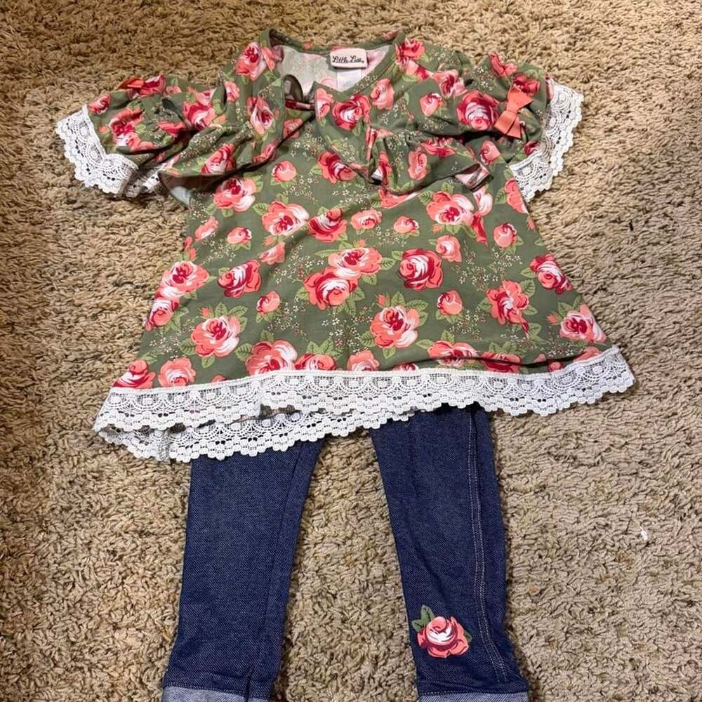 Little Lass Floral Tunic & Leggings Outfit Size 4T Olive Green